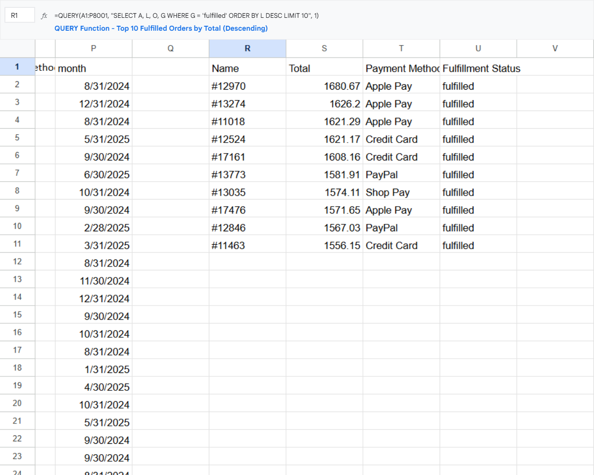 Google Sheets QUERY function returning the top 10 fulfilled orders sorted by total value in descending order