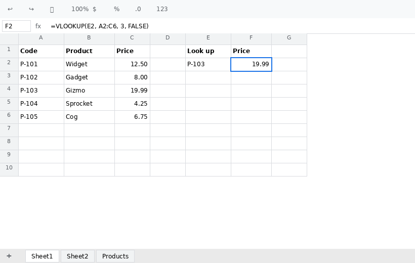 A basic VLOOKUP in Google Sheets pulling a price from a product lookup table into an adjacent cell